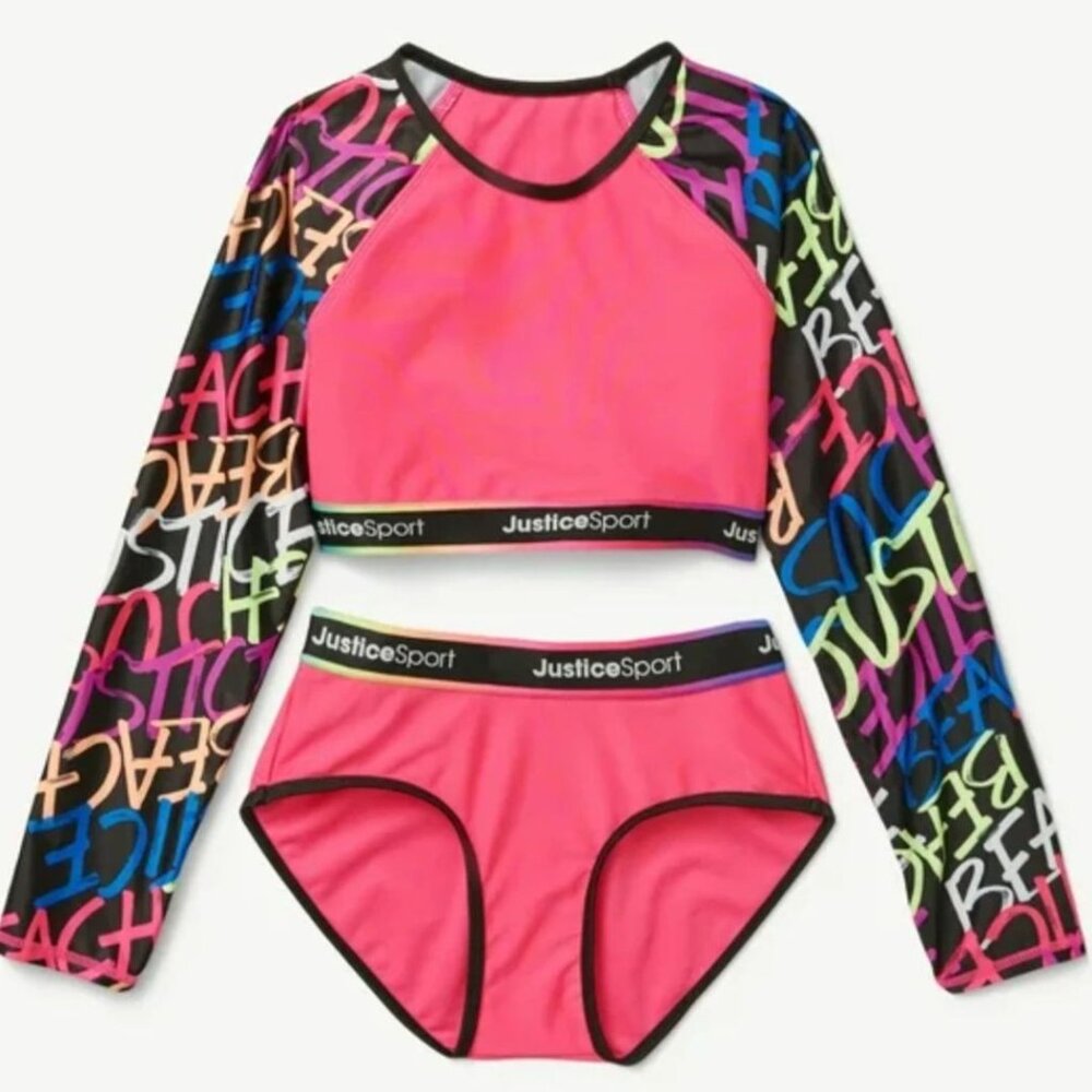 NWT Justice Sport Girls Pink Long Sleeve Rashguard Swimsuit Set L 12-14